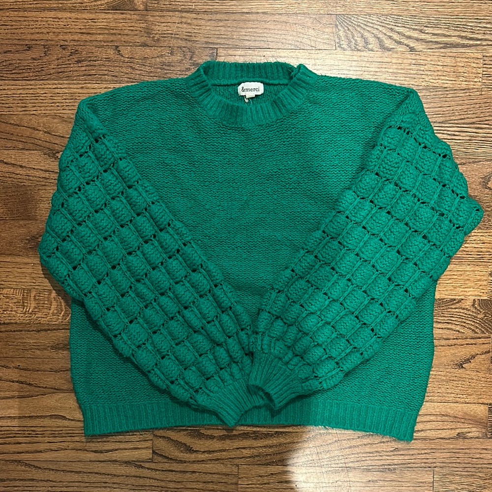Vibrant Green Crew Neck Sweater with Quilted Shoulders